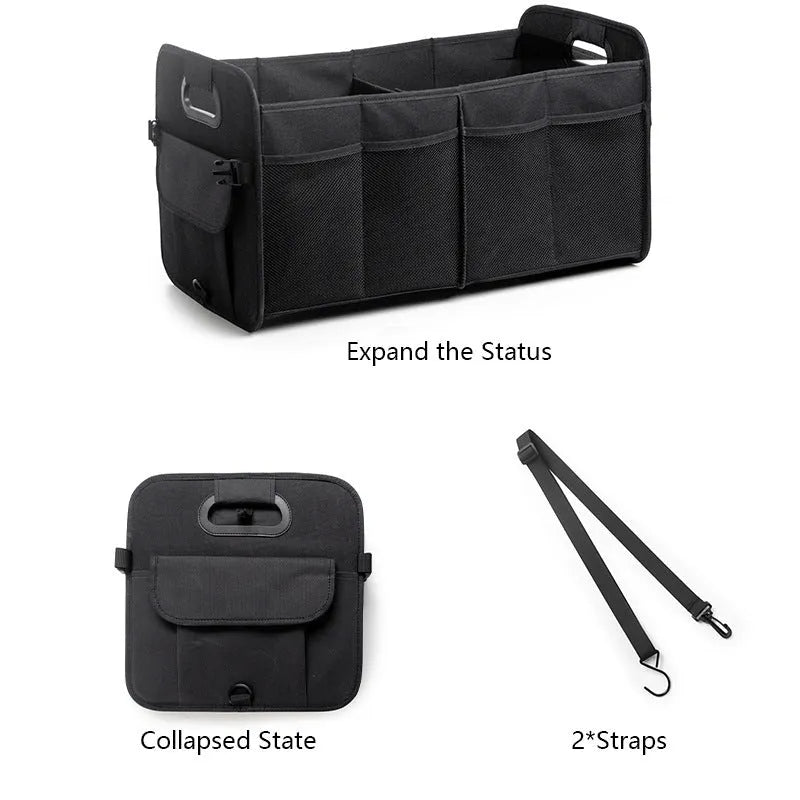 Black foldable fabric car boot storage box with handle and multiple compartments
