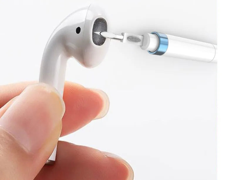 Blue headphone cleaning pen with extended brush and metal nib for electronics
