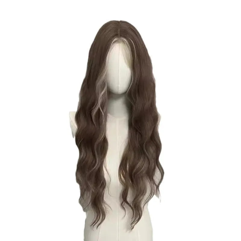 Long curly gray golden highlight lace front wig on display