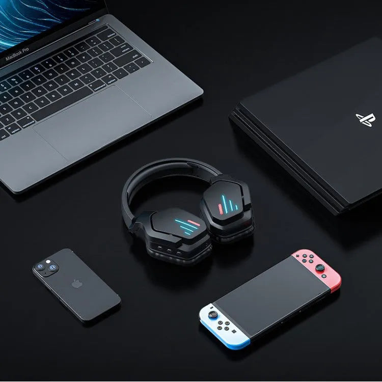 Luminous black wireless head-mounted headphones with over-ear design on a stand.