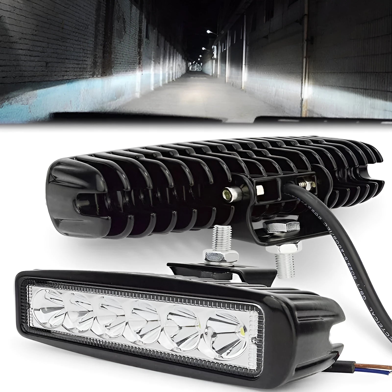Black die-cast aluminium car auxiliary LED spotlight with a PC cover, shown for bracket mounting.