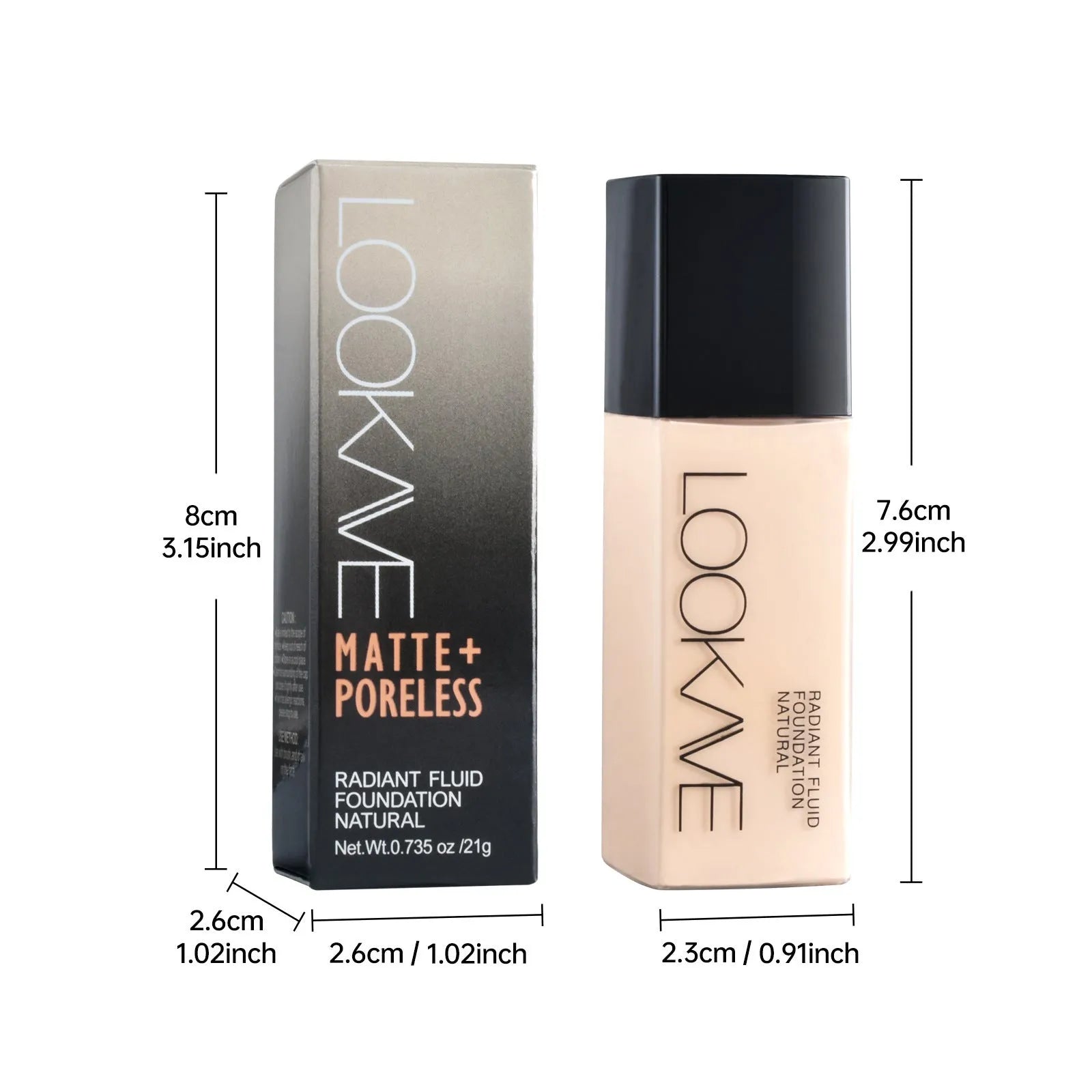 LOOKAVE matte liquid foundation bottle showing six shade options including ivory white