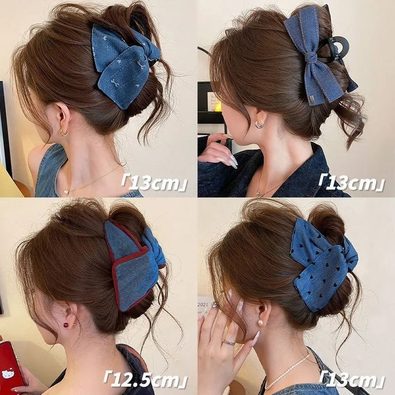 Handmade triangle grip hair clip with denim bow detailing in fabric and acrylic