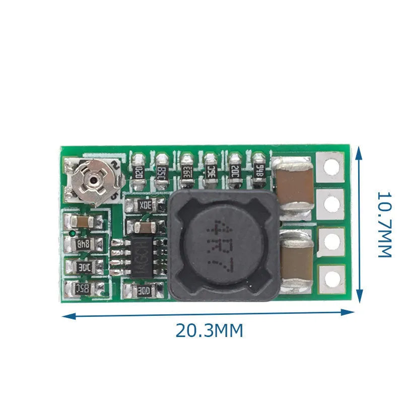 Green 25x21mm DC-DC buck converter module for 12-24V to 5V conversion