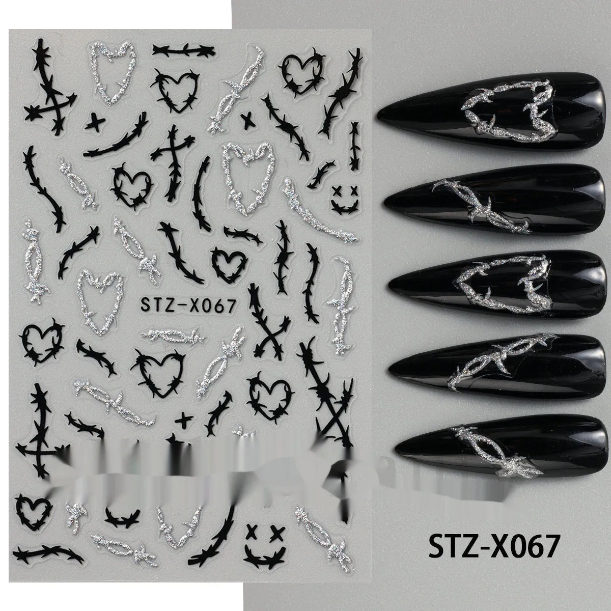 Cartoon nail art stickers sheet with black and silver love heart designs
