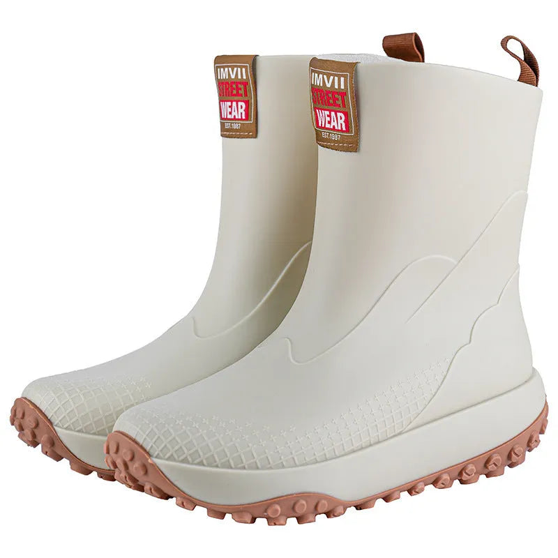Men's PVC rain boots in black red colour with non-slip plastic soles and round toe design