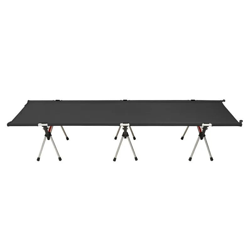 Outdoor folding bed with aluminium frame shown in khaki colour, folded with storage bag