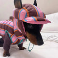 Dirty pink striped dog vest and matching hat set for autumn and winter wear