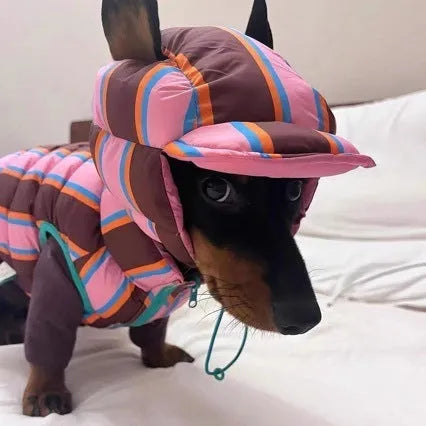 Dirty pink striped dog vest and matching hat set for autumn and winter wear