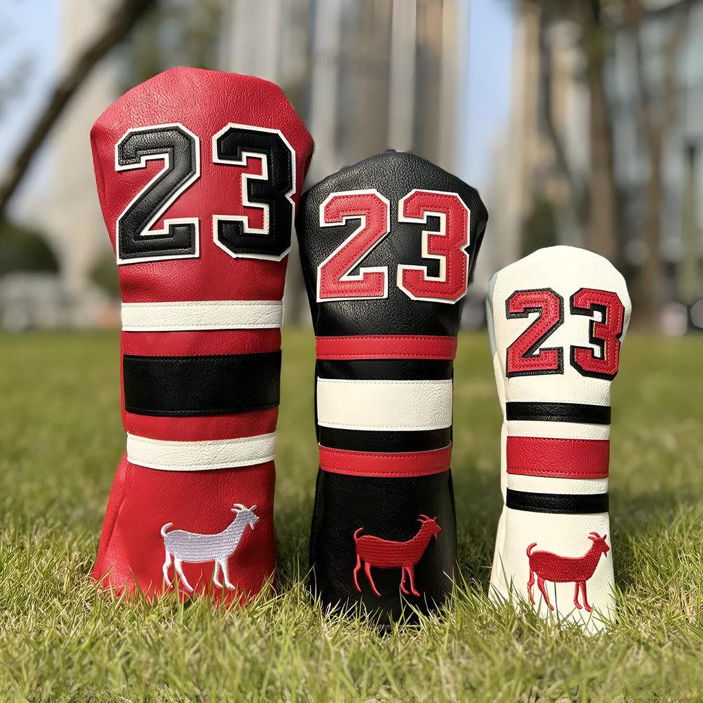 Set of four PU golf club headcovers including a square putter cover and chicken drumstick wood covers