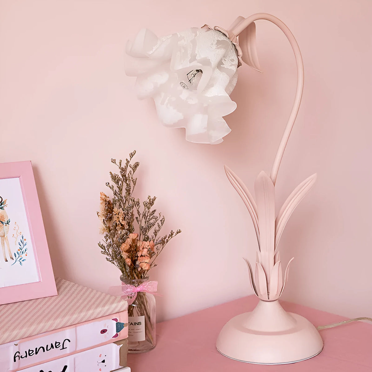 Flower Princess desk lamp with glass shade ceramic flowers pink colour dimmer switch iron body