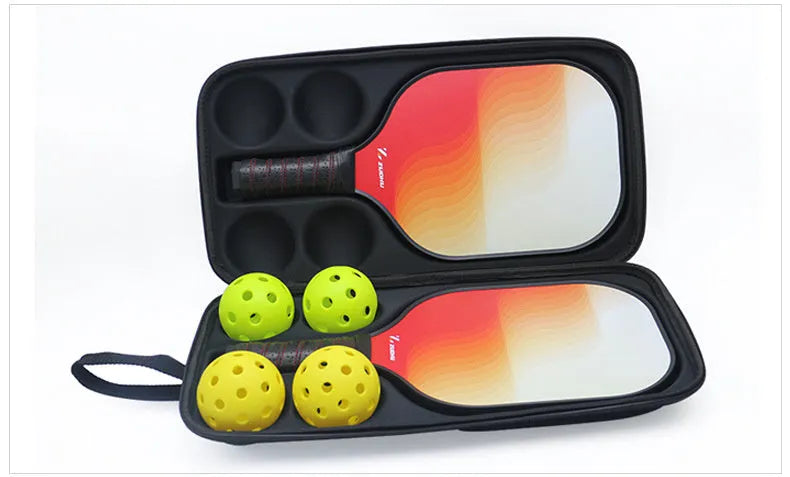 Black EVA pickleball shoulder bag holding one racket and four balls.