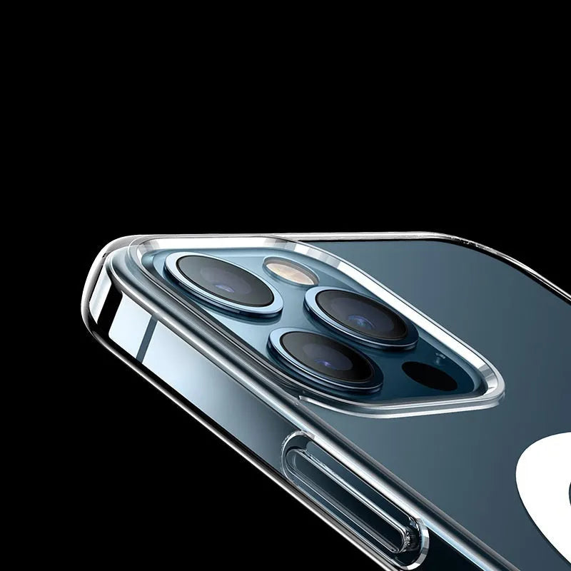 Transparent magnetic phone back cover for MagSafe compatible iPhones on a table.