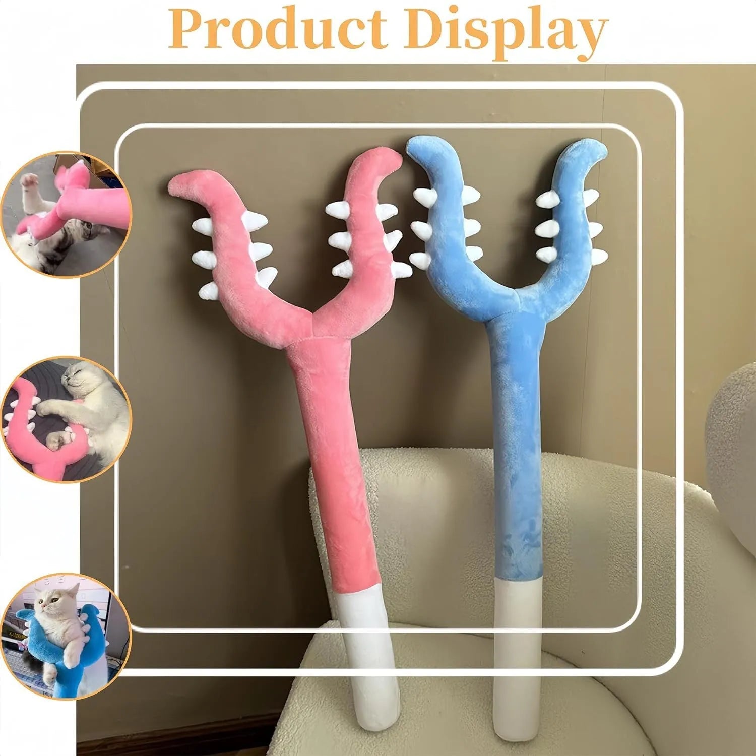 Blue plush cat wand toy with foam-filled front section, 70cm length