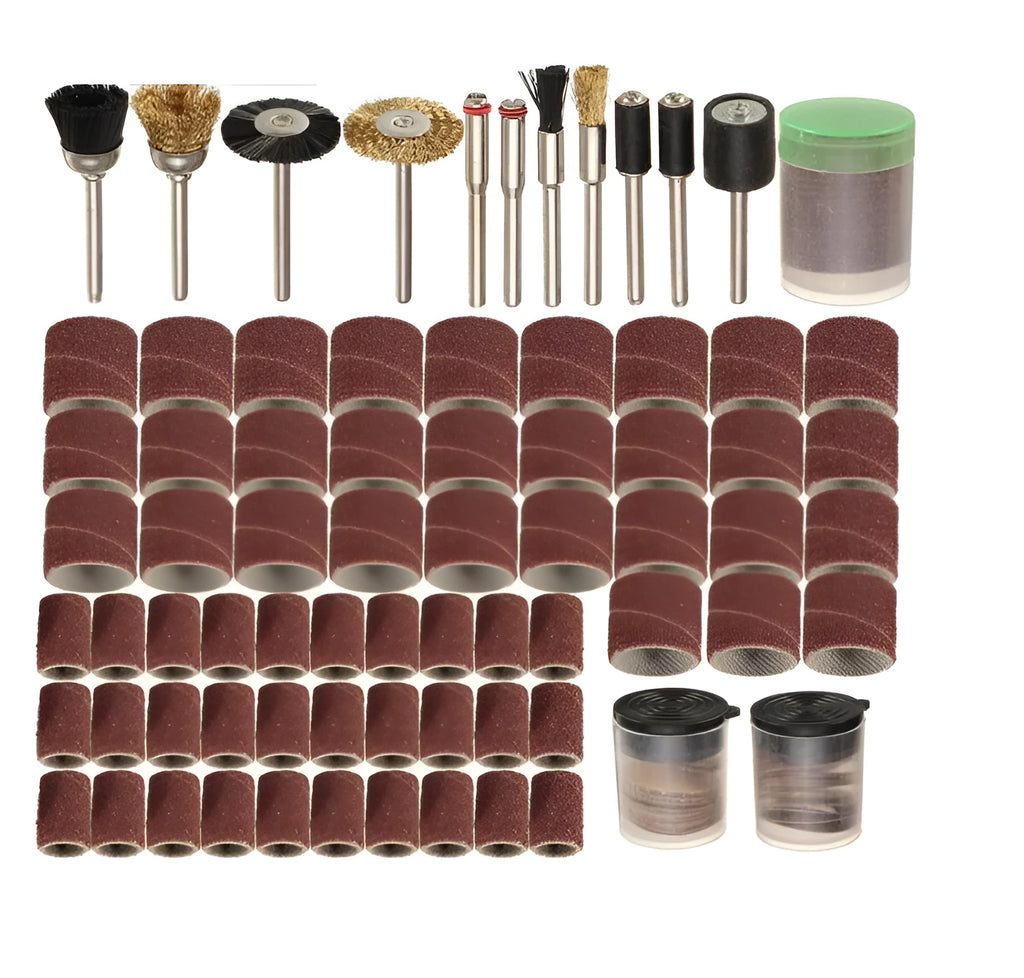 150-piece electric grinder accessory set with various discs and bits on a white background.