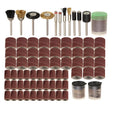150-piece electric grinder accessory set with various discs and bits on a white background.
