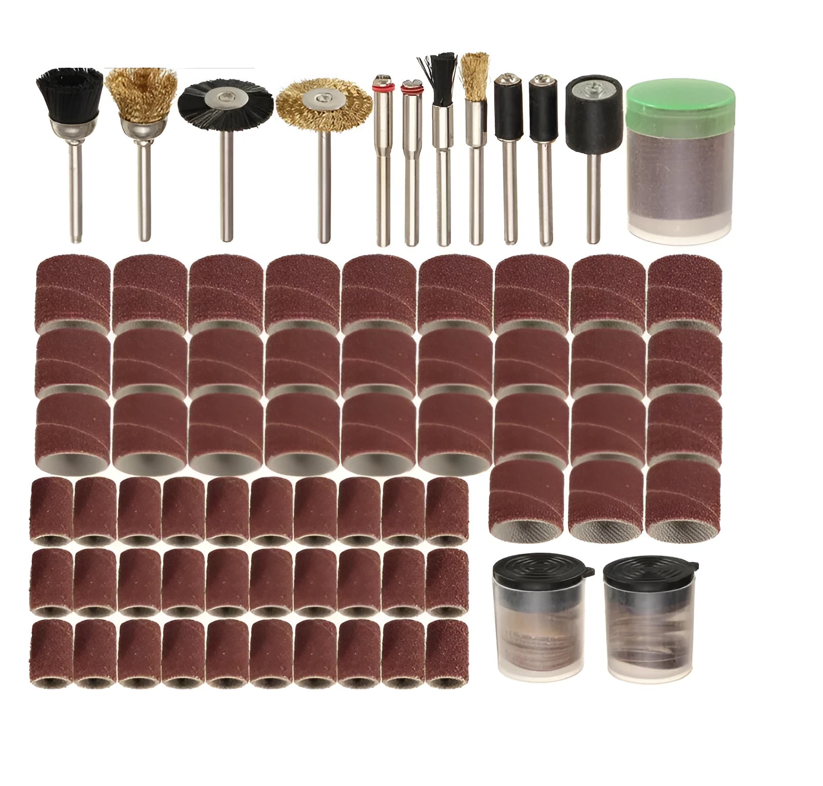 150-piece electric grinder accessory set with various discs and bits on a white background.
