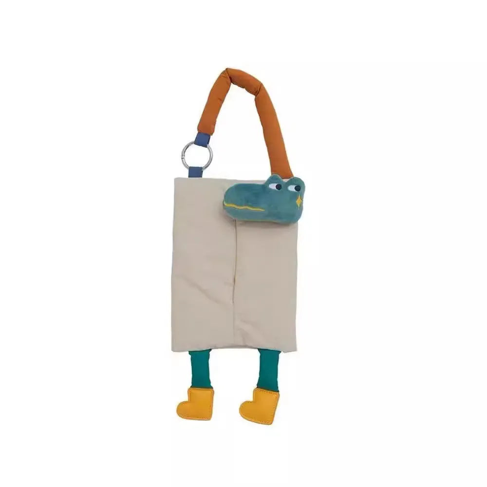 Soft plush hanging car tissue bag in hat dog design, showing hanging loop and pouch.
