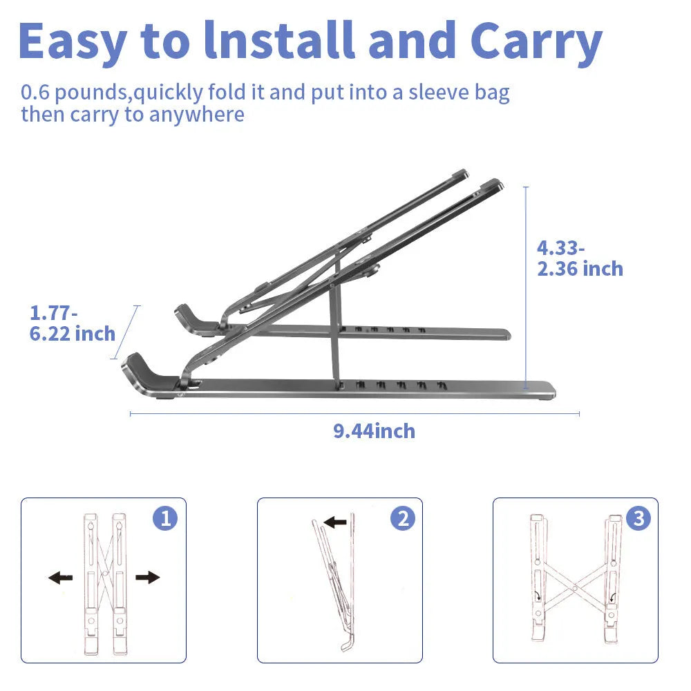 Silver aluminium laptop stand folded to 247x210x65.94mm with six-gear height adjustment mechanism