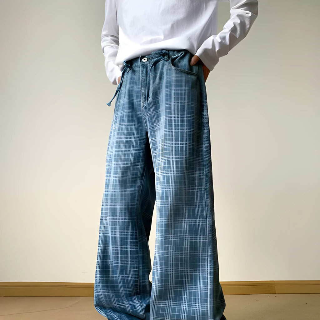 Retro blue plaid wide-leg skinny jeans in cotton denim with mid waist and zip fly