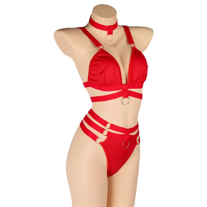 Women's bikini set in black blue and red free size polyester fabric with nylon lining for swimming