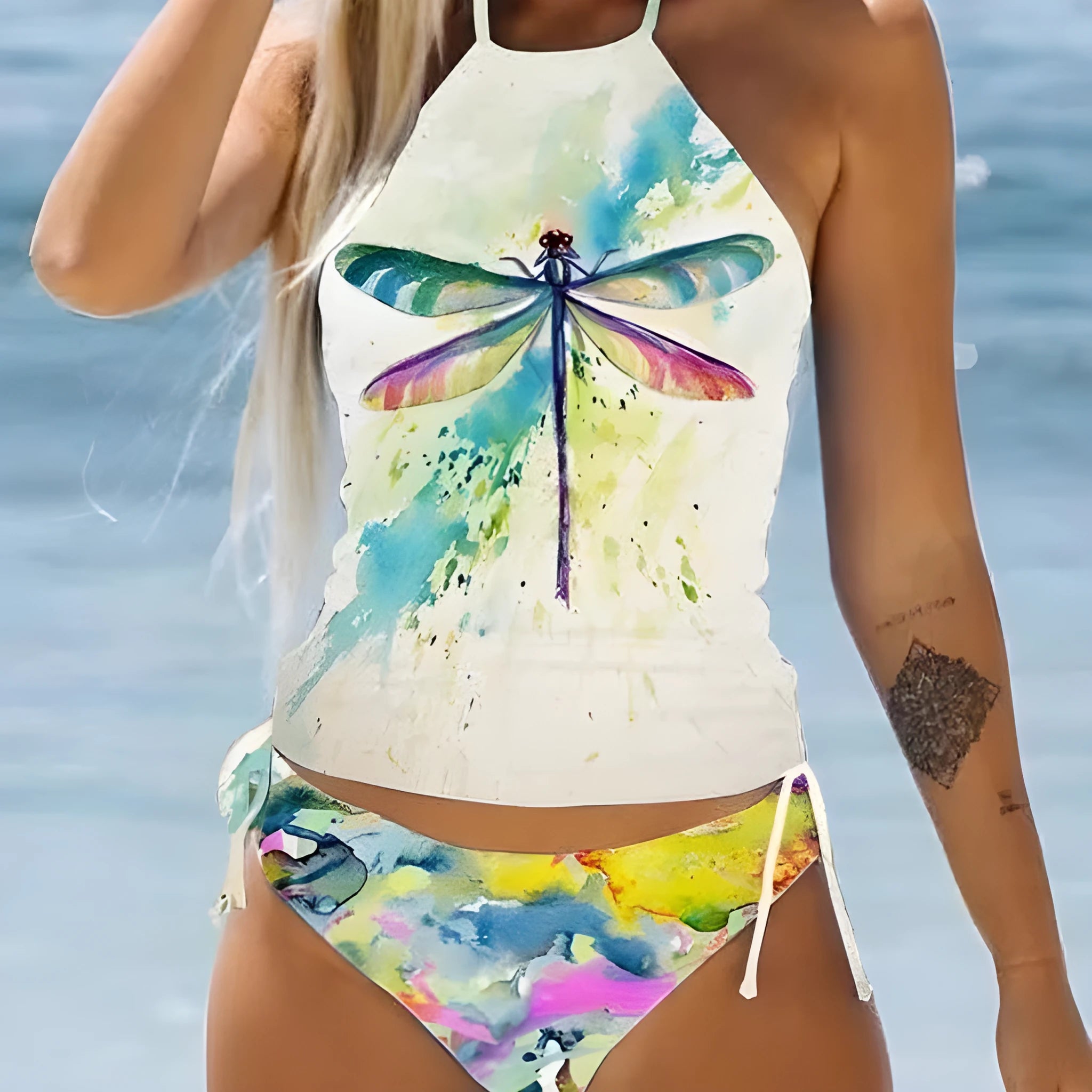 Conservative ladies swimsuit with colourful split printing design in European American style