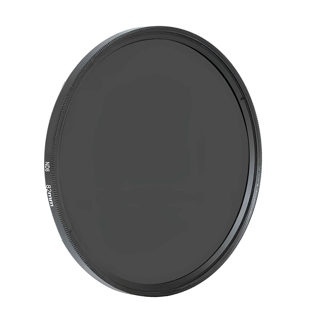 Digital camera ND8 filter in an aviation aluminium frame, shown with lens size markings.