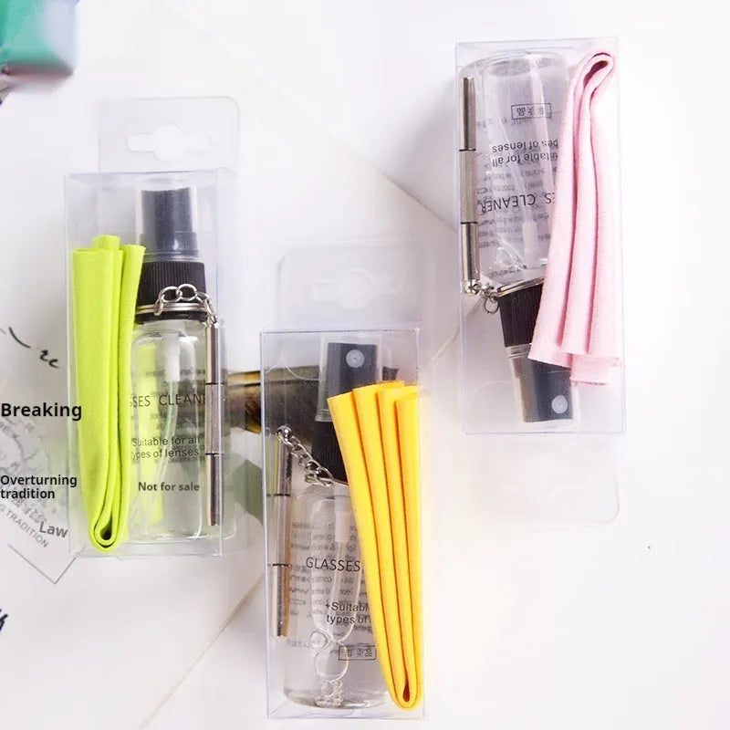 Three-piece glasses cleaning kit with 30ml cleaning agent, lens cloth, and screwdriver