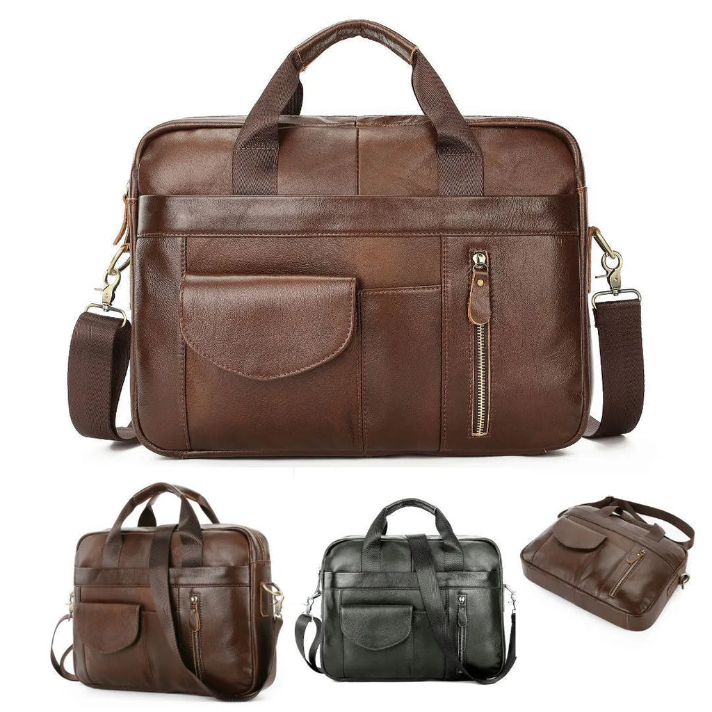Men's brown cowhide leather cross-body briefcase with zipper front pocket on a neutral background