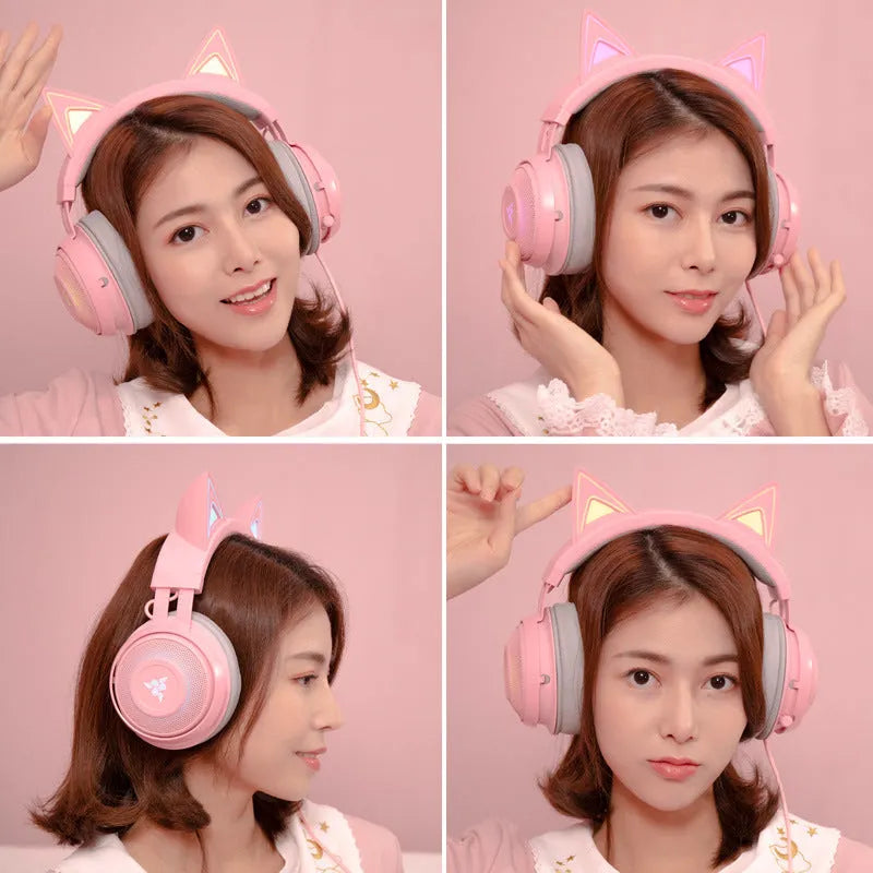 Wired glowing cat earphones headset in pink with USB plug