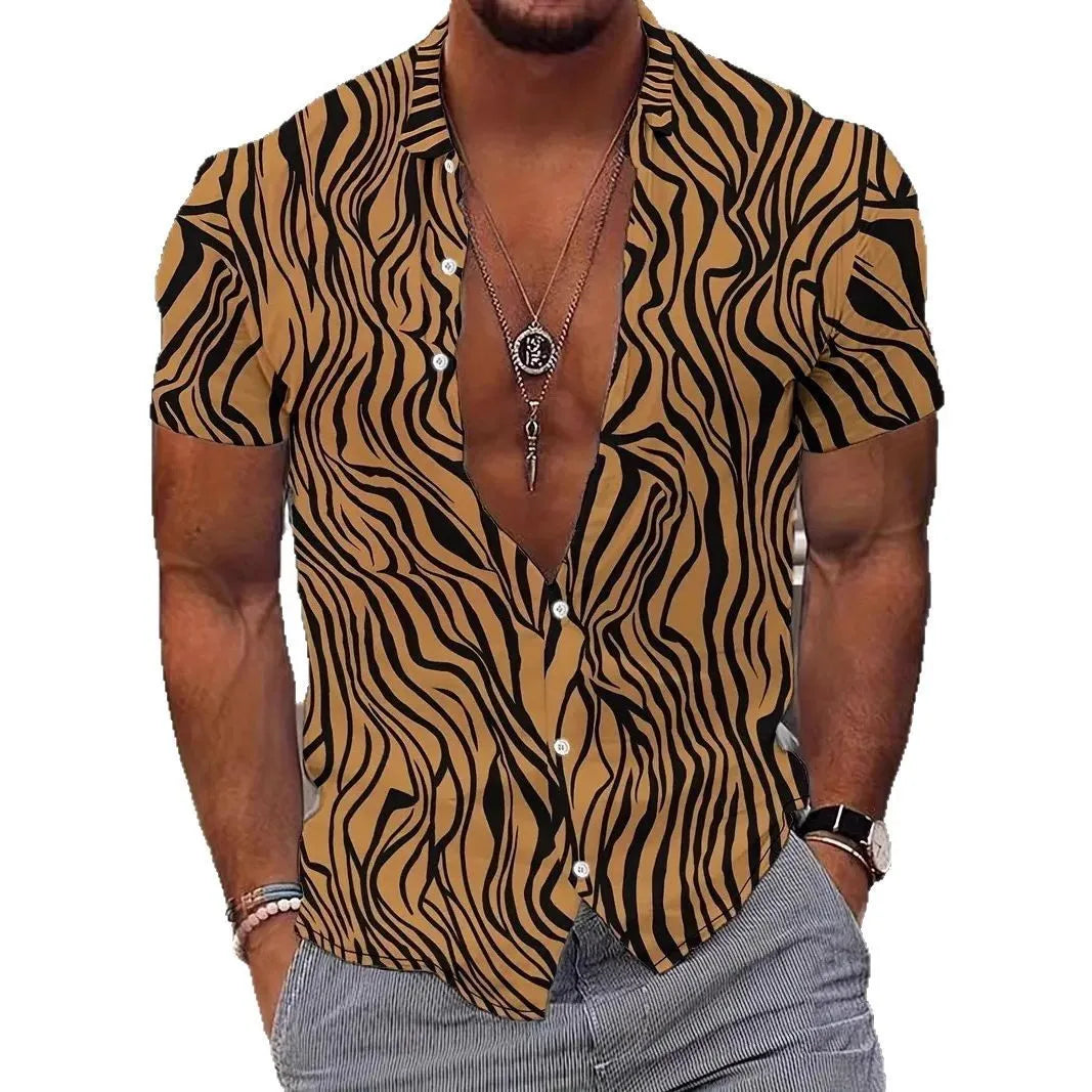 Men's slim fit short sleeve shirt with geometric line print design on the lapel.
