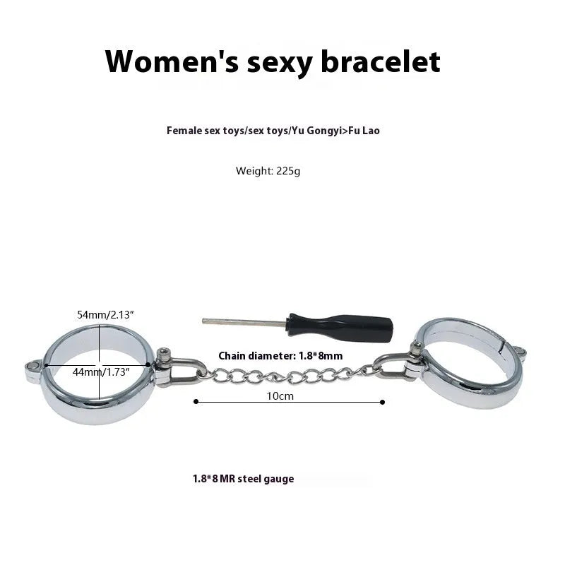Silver zinc alloy handcuffs and footcuffs set with stainless steel watch bracelet styling