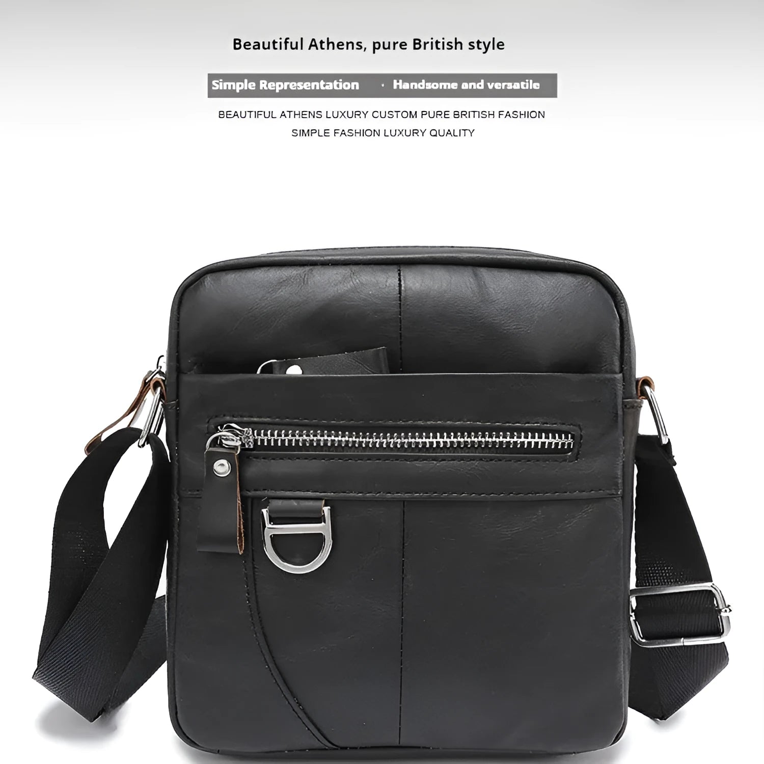 8 inch black shoulder messenger bag made from genuine cowhide leather with visible sewing lines