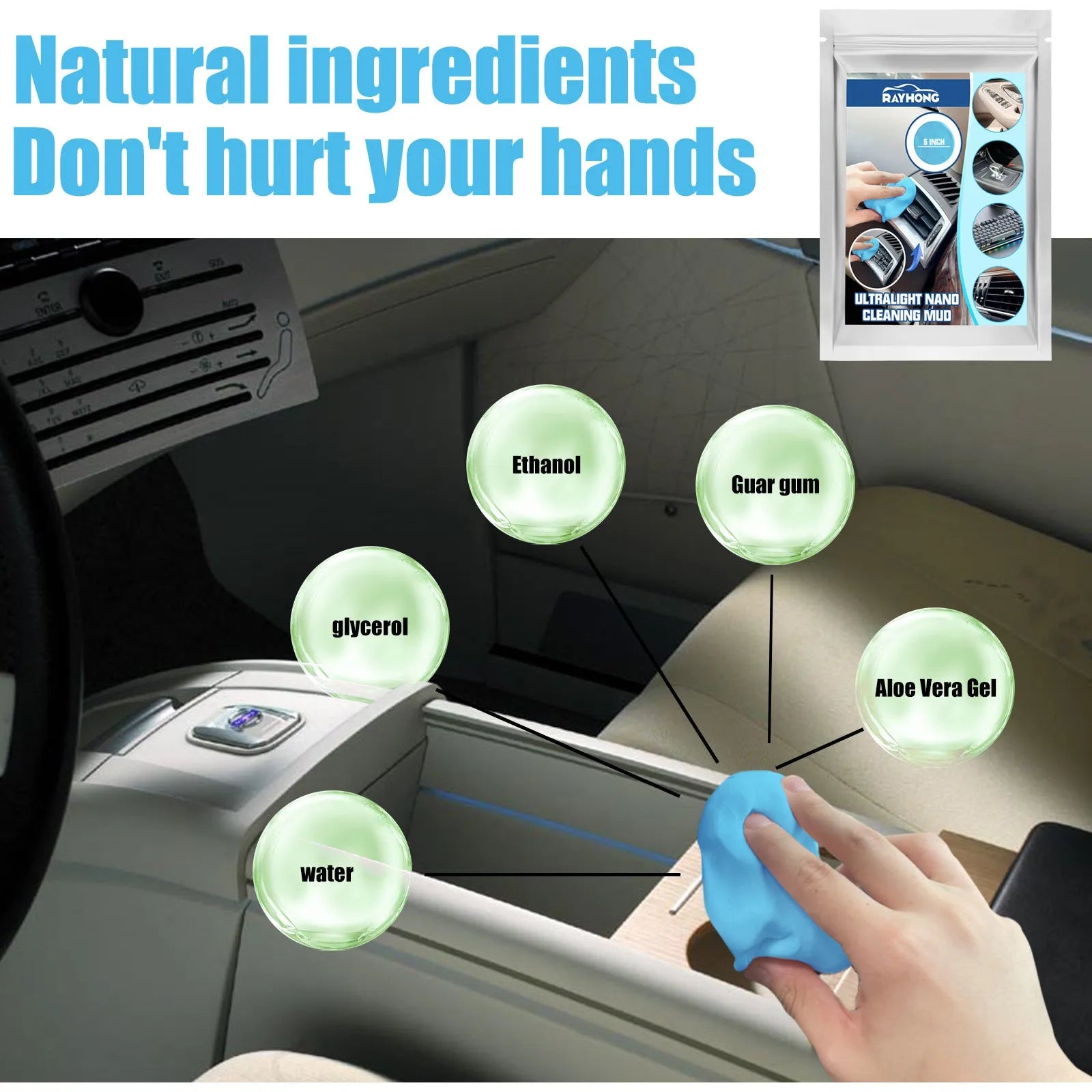 20g car interior cleaning mud for dust removal from gaps, measuring 15cm by 10cm.