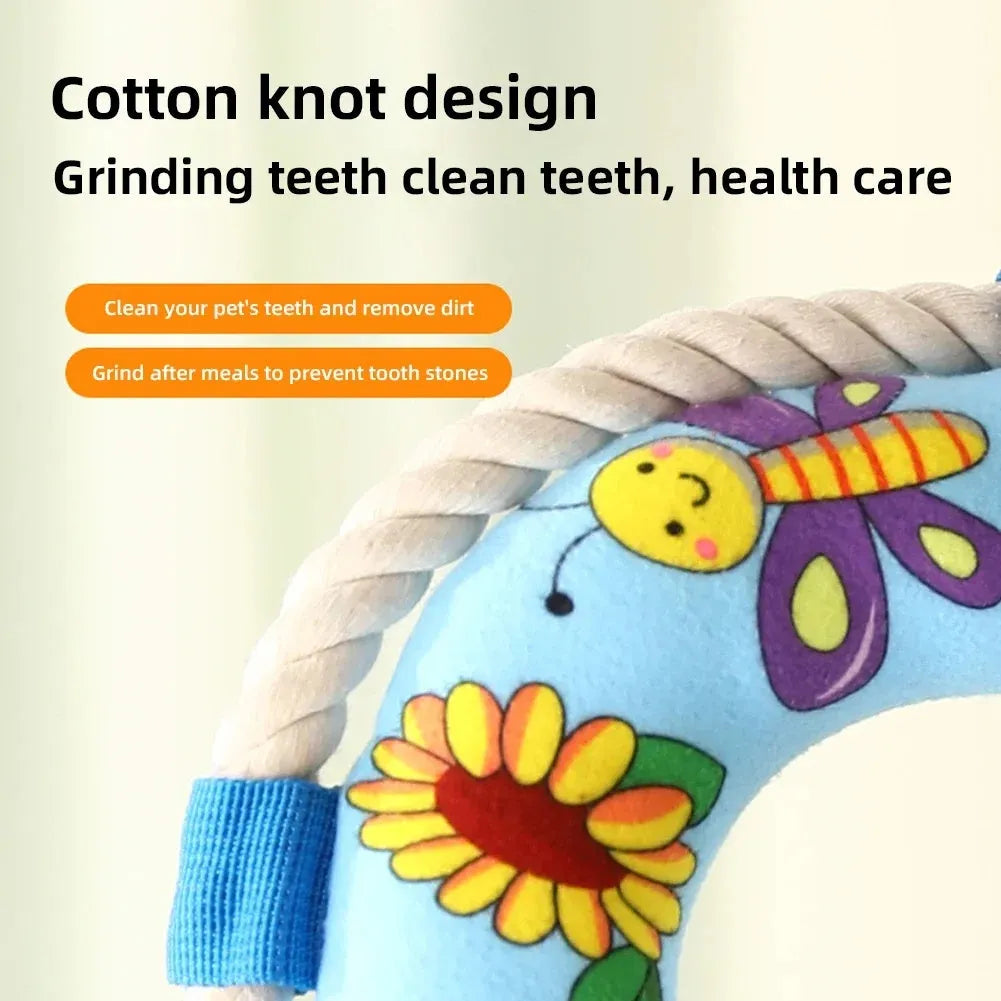 25cm diameter plush dog pull ring toy in yellow fish pattern with squeaker for fetch games