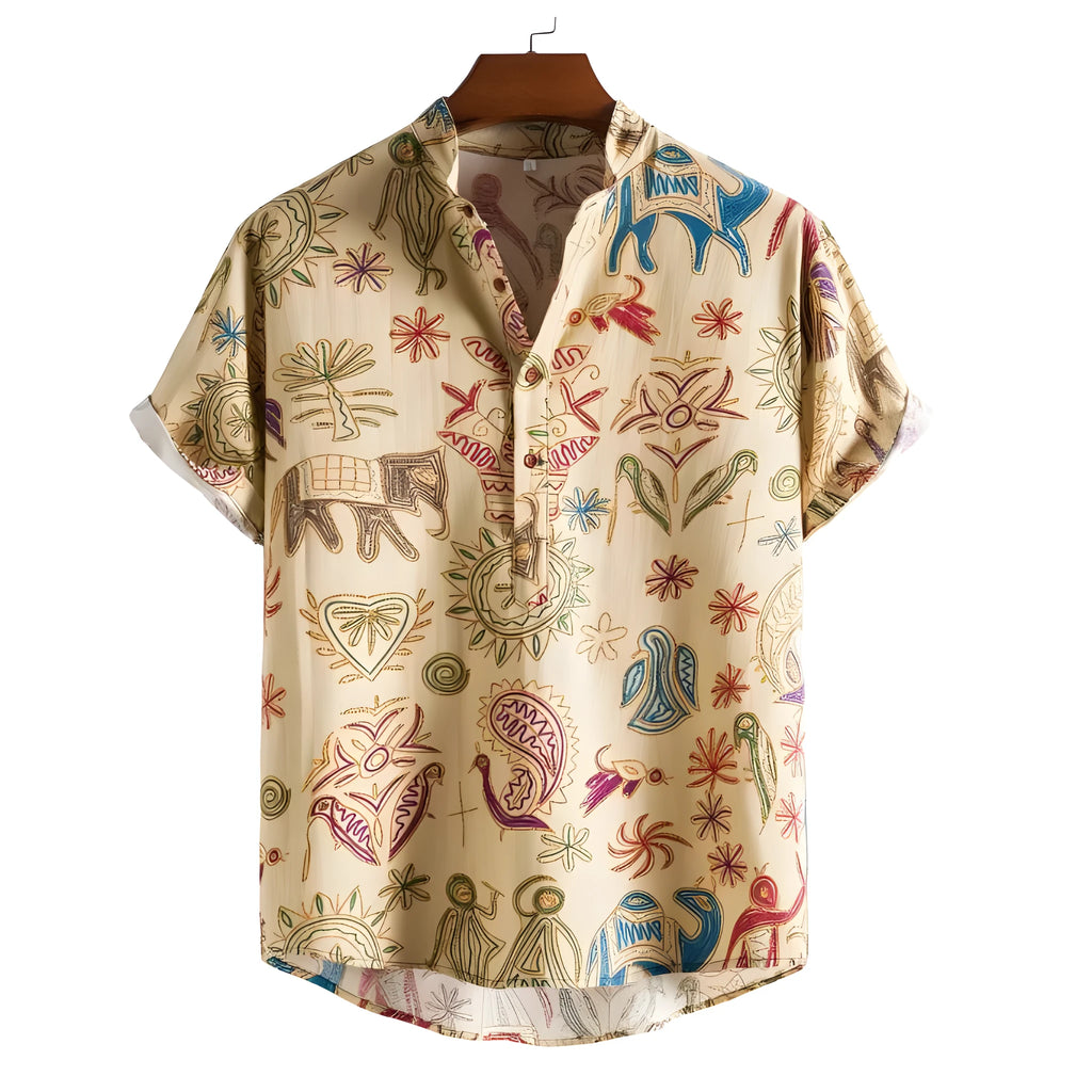 Man's loose-fit cardigan shirt with colourful 3D digital printing, on a hanger.
