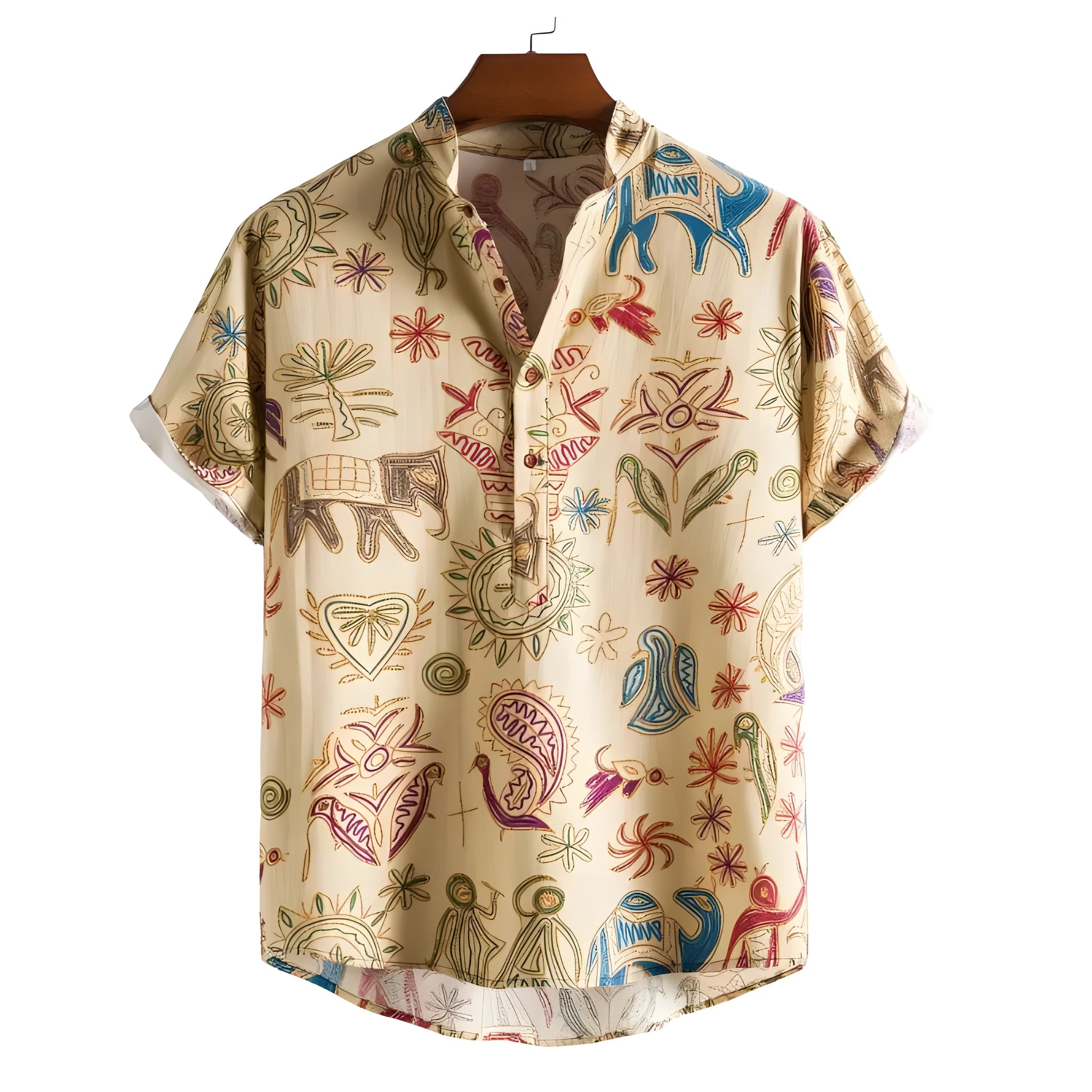 Man's loose-fit cardigan shirt with colourful 3D digital printing, on a hanger.