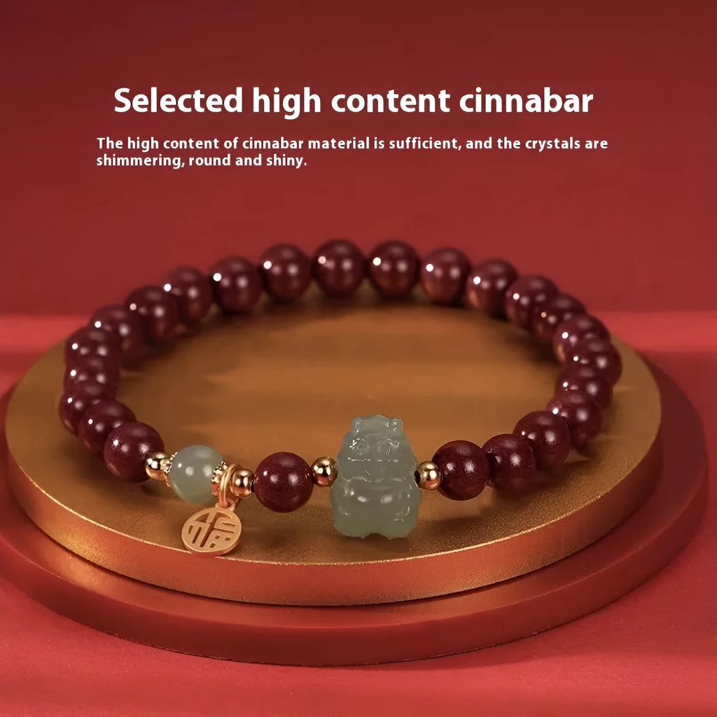 Natural Hetian jade cinnabar bracelet with 8mm beads and zodiac carvings