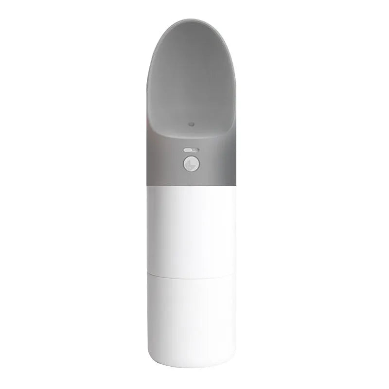 White MOESTAR rocket-shaped pet drinking cup with grey or orange accents showing one-button lock