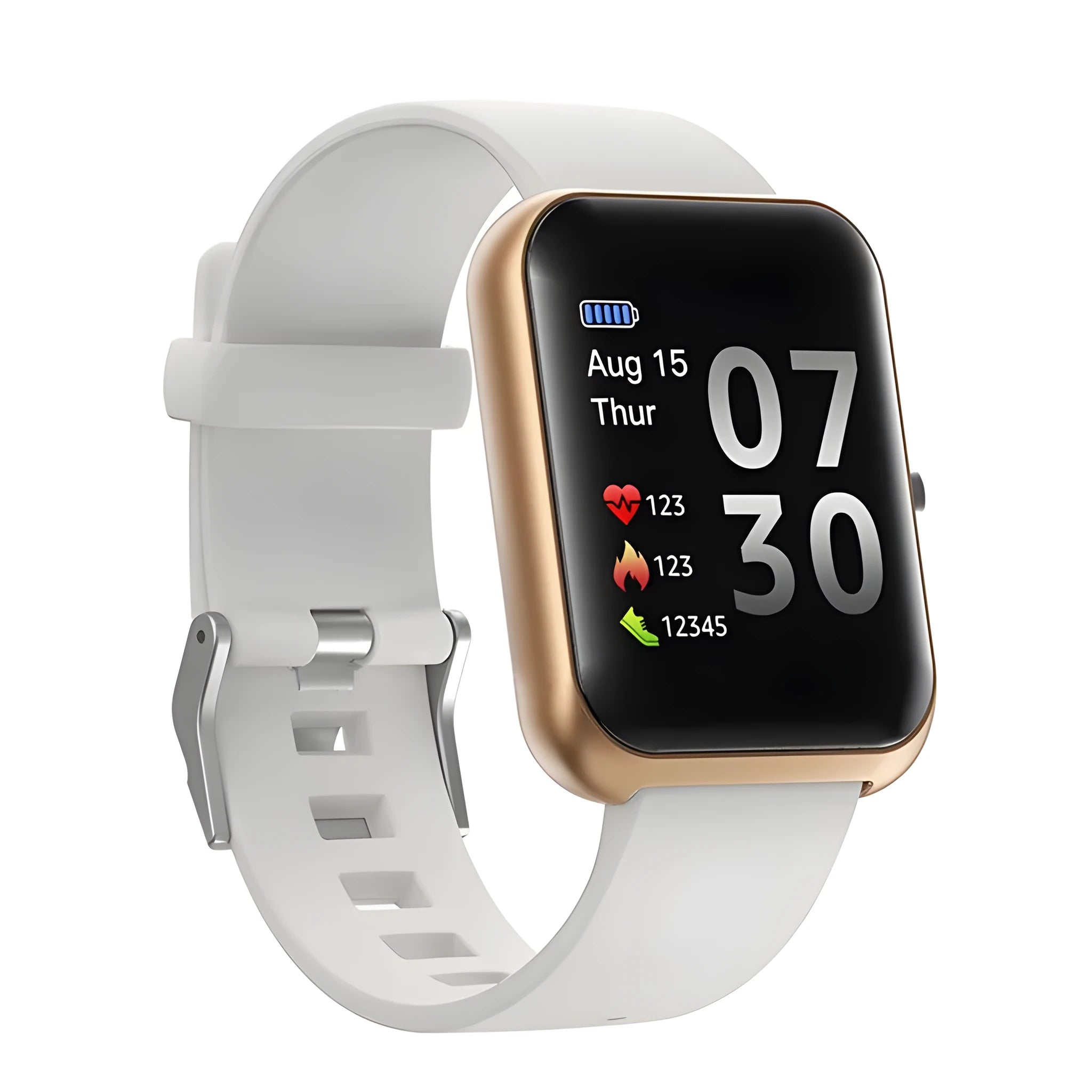 Square Bluetooth sports watch with silicone strap on wrist, showing anodised aluminium case
