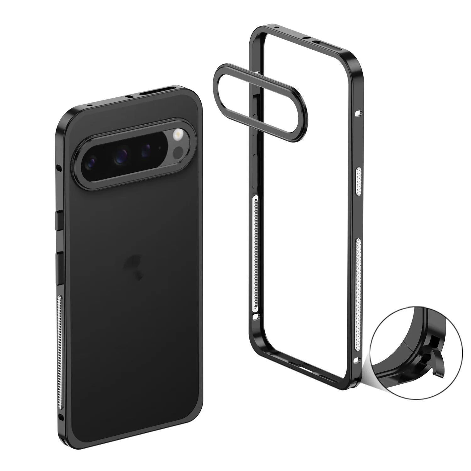 Aluminium alloy heat dissipation phone case for Google Pixel 9 Pro XL smartphone in black colour with separate lens case