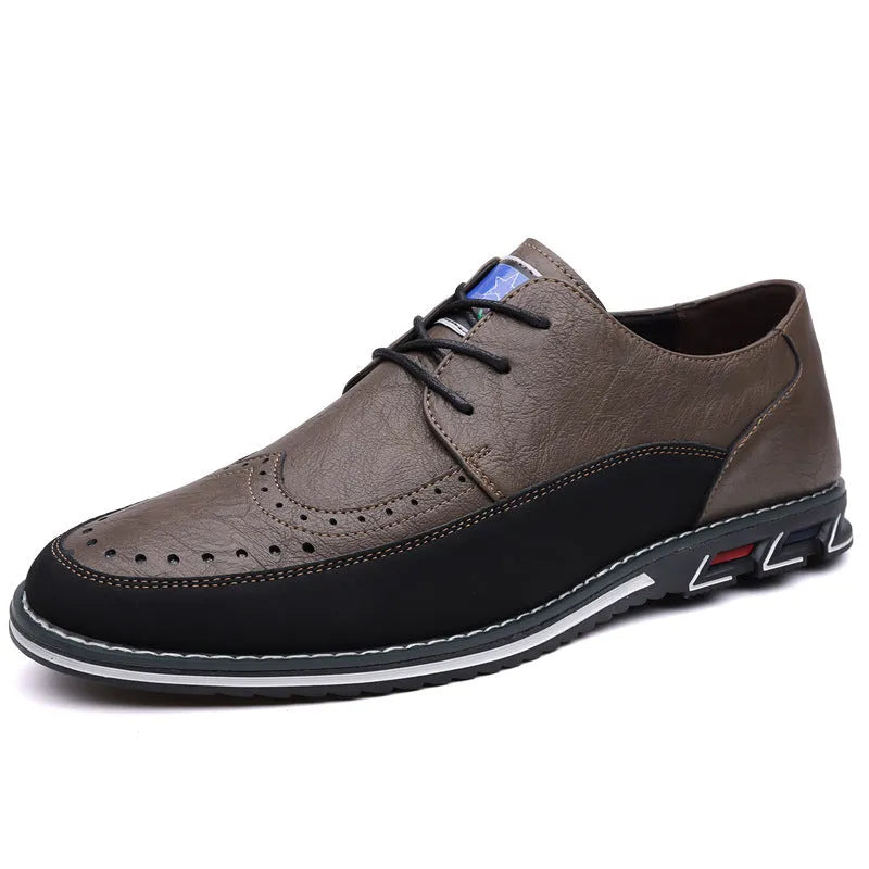 Men's leather slip-on casual shoes in black, gray, khaki and orange colours with low-top design