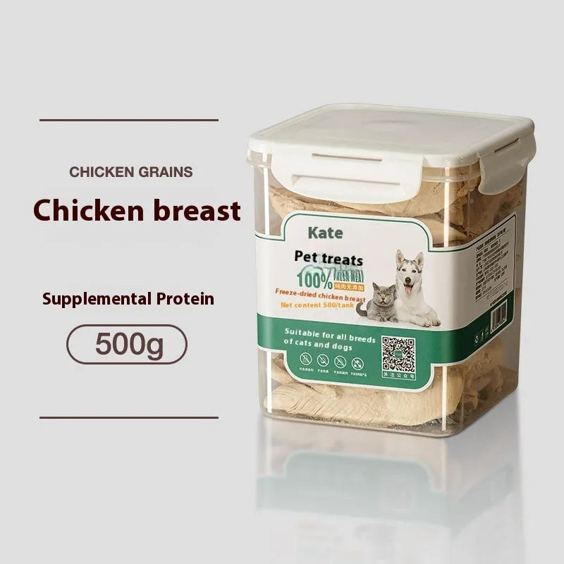 500g freeze-dried chicken cat snacks in resealable bag or barrel packaging