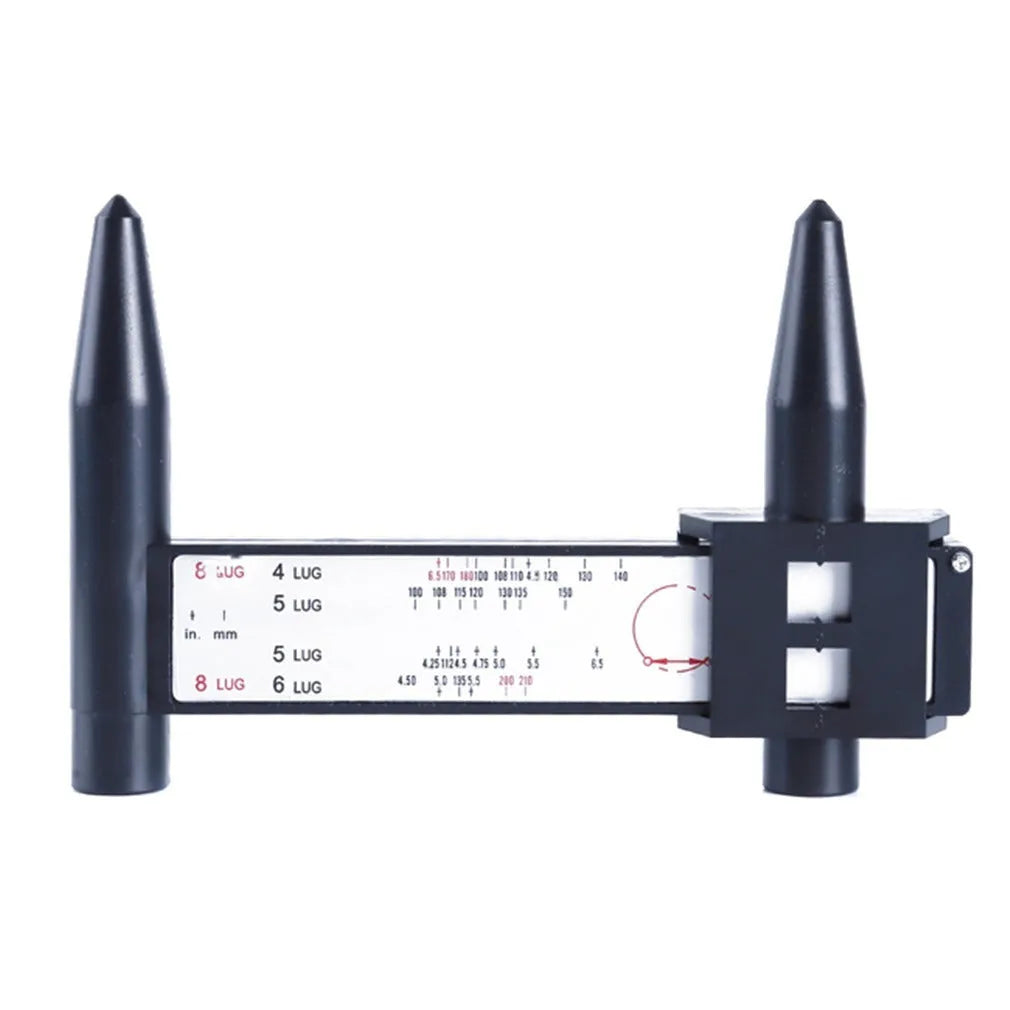 Plastic electronic digital caliper hole distance measuring tool with digital display on a work surface.