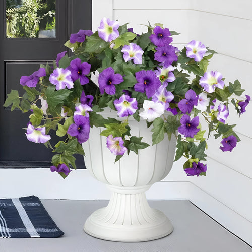 Plastic European courtyard artificial flower container with 12 fork branches and colourful silk flowers.
