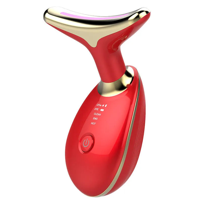 Black Silver EMS thermal neck massager device with LED lights for facial skin tightening and wrinkle reduction.