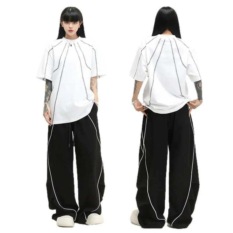 Black striped wide-leg hip hop sports trousers with mid waist fit