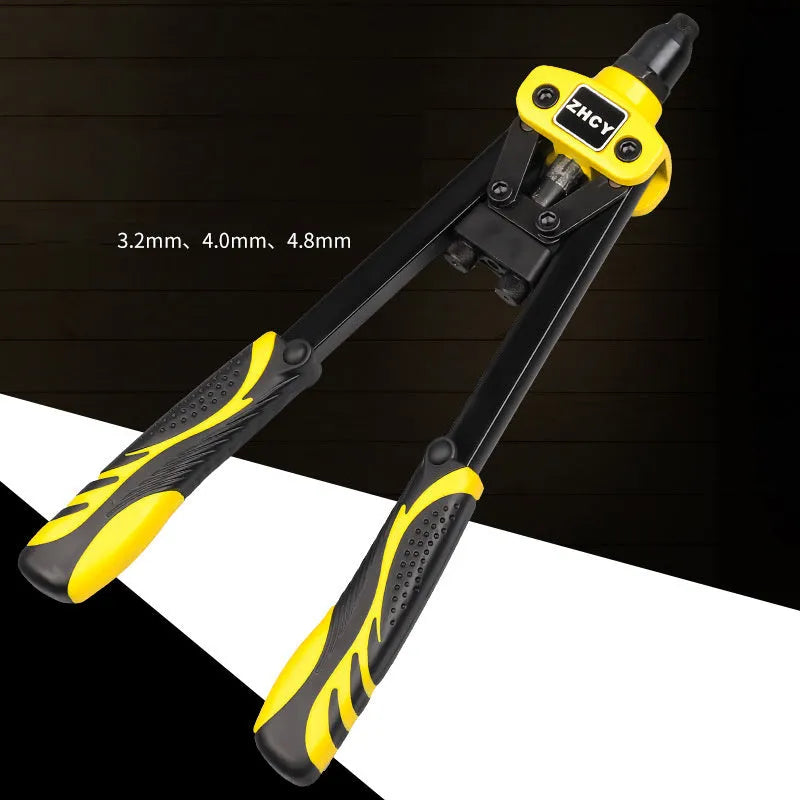 Yellow 13-inch manual rivet gun with built-in tips for household riveting applications