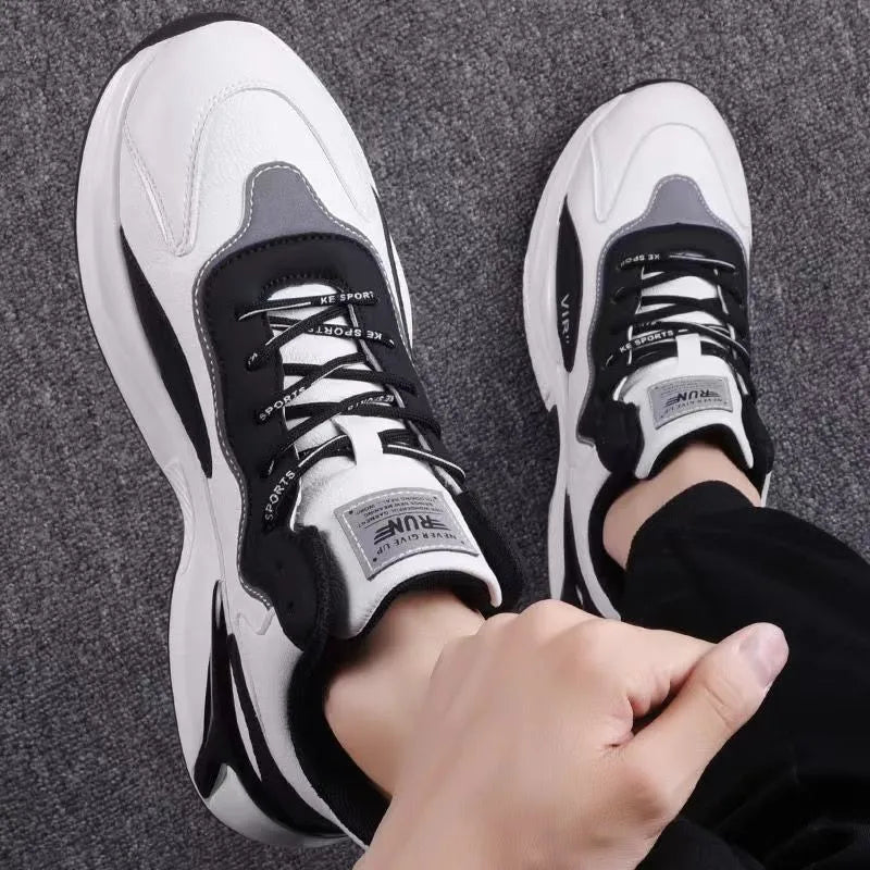 Black white lace-up sneakers for men with synthetic leather upper and mesh lining