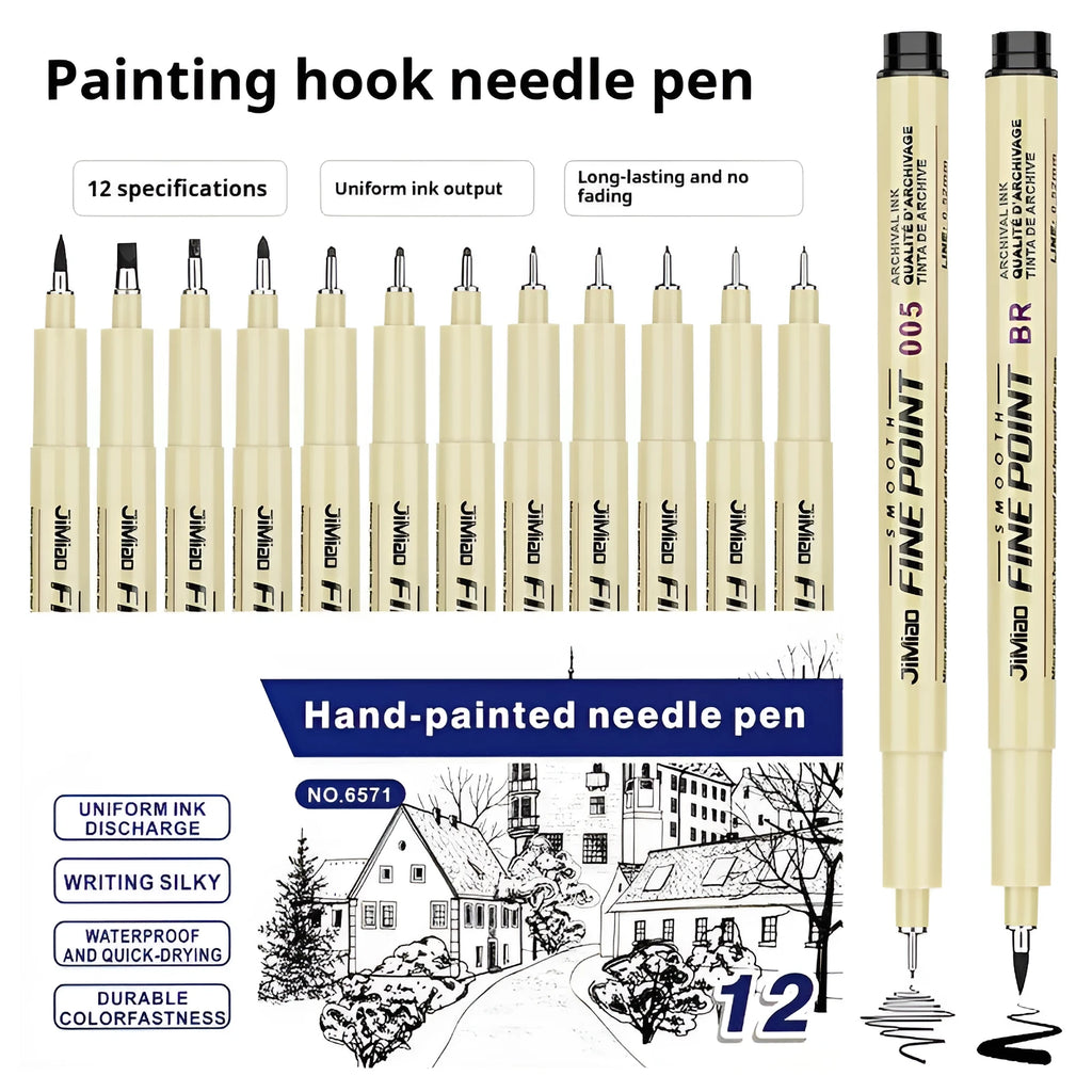 Waterproof black ink needle pen with syringe cartoon art on a 133mm plastic body.